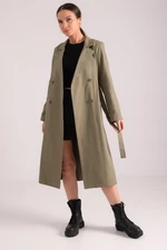 armonika Women's Khaki Double Breasted Collar Waist Belted Long Trench Coat with Pocket