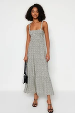 Trendyol White Polka Dot Straight Cut Strap Square Neck Gipe Detailed Woven Midi Dress