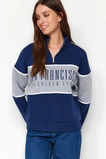 Trendyol Navy Blue Basic Printed Knitted Sweatshirt with Fleece Inside