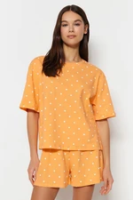 Trendyol Orange 100% Cotton Heart Patterned T-shirt-Shorts Knitted Pajama Set