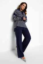 Trendyol Navy Blue Striped Collar With Tie Detailed Sweater-Pants