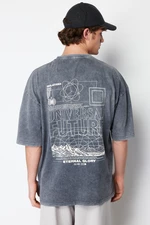 Trendyol Anthracite Oversize/Wide Cut Faded Effect Text Printed 100% Cotton T-Shirt