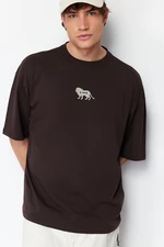 Trendyol Dark Brown Oversize Animal Embroidery Printed 100% Cotton T-Shirt