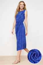 Trendyol Indigo Plain Padded Belted Pleat Knitted Dress