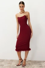 Trendyol Claret Red, Fitted Corset Detailed, Ribbed Woven Elegant Evening Dress