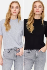 Trendyol Black-Grey Melange 2-Pack Basic High Neck Knitted T-Shirt