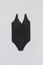 Dagi Black draped v-neck swimsuit with a corset and wrap.