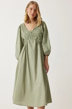 Happiness İstanbul Women's Khaki Guipure Detailed Summer Linen Dress