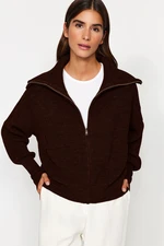 Trendyol Dark Brown Wide Pattern Turn-down Collar Zippered Knitwear Cardigan