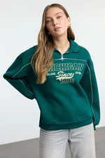 Trendyol Emerald Green Zippered Printed Oversize Thick Inside Fleece Knitted Sweatshirt