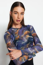 Trendyol Multicolor Printed Tulle Fitted Crop Stretchy Knitted Blouse