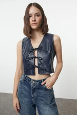 Trendyol Navy Blue Slim Faux Leather Tie Detail Crop Woven Vest