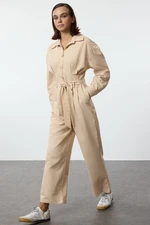 Trendyol Camel Belted Waist Detailed Shirt Collar Long Jumpsuit