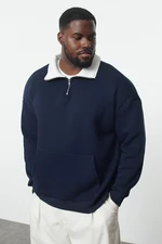 Trendyol Navy Blue Oversize/Wide Cut Stand Collar Zippered Plus Size Sweatshirt