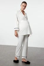 Trendyol White Piping and Belted Knitted Maternity & Postpartum Pajama Set