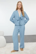 Trendyol Blue Solid Tie Detail Muslin Woven Pajama Set