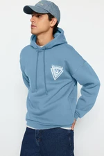 Trendyol Blue Hooded Oversize/Wide Cut College Printed Cotton Fleece Sweatshirt