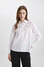 DEFACTO Oversize Fit Perforated Poplin Long Sleeve White Shirt