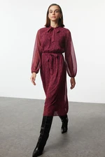 Trendyol Fuchsia Belted Animal A-line Midi Woven Winter Dress