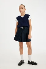 DEFACTO Girl's Belt Detailed Gabardine Pleated Skirt