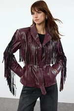 Trendyol Black Regular Fit Belted Tassel Detailed Faux Leather Coat