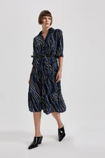 DEFACTO Shirt Collar Belted Patterned Half Sleeve Midi Dress