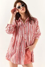 Olalook Women's Orange Asymmetrical Striped Oversized Shirt