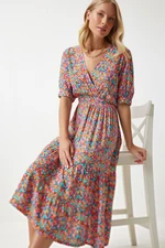 Happiness İstanbul Women's Pink Green Wrap Collar Floral Summer Viscose Dress