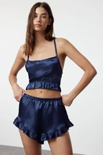 Trendyol Navy Blue Ruffle and Back Rope Strap Satin Woven Pajama Set