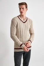 Trendyol Ecru Regular Wool V Neck Hair Knitted Sweater