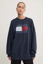 Bavlněná mikina Tommy Jeans dámská, tmavomodrá barva, s potiskem, DW0DW18623