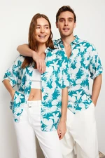 Trendyol Blue Unisex Oversize Fit Pineapple Printed 100% Viscose Short Sleeve Casual Summer Shirt