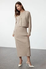 Trendyol Light Brown Corded Soft Textured Knitwear Dress Cardigan Suit