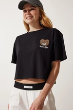 Happiness İstanbul Women's Black Teddy Bear Crest Crop Knitted T-Shirt