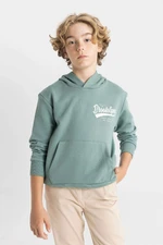 DEFACTO Boy Green Text Printed Pocket Hooded School Sweatshirt