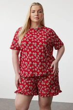 Trendyol Curve Red Flower Patterned Knitted Pajama Set