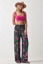 Happiness İstanbul Women's Dark Green Fuchsia Patterned Flowing Viscose Palazzo Trousers