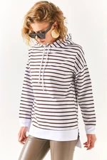 Olalook Women's Bitter Brown White Hooded Striped Sweatshirt with Side Slits