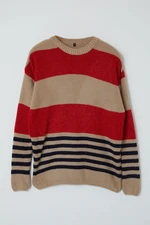 Trendyol Red Oversize Crew Neck Striped Knitwear Sweater