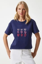 Happiness İstanbul Women's Cobalt Blue Heart Embroidered Cotton T-Shirt