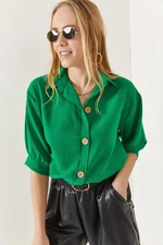 Olalook Women's Grass Green Wooden Buttoned Three Quarter Sleeve Linen Shirt