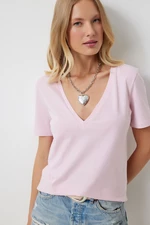 Happiness İstanbul Women's Pink V-Neck Basic Knitted T-Shirt