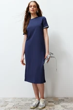 Trendyol Navy Blue Knitwear Band Detailed Crew Neck Short Sleeve Flexible Midi Knitted Maxi Dress