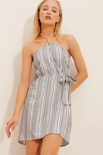 Trend Alaçatı Stili Women's Gray Halter Neck Striped Linen Dress