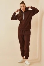 Happiness İstanbul Women's Dark Brown Hooded Fleece Tracksuit