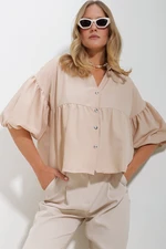 Trend Alaçatı Stili Women's Beige Balloon Sleeve Robe Gathered Kubra Cotton Crop Shirt