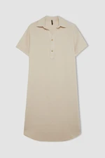 DEFACTO Regular Fit Buttoned Polo Neck Basic Plain Muslin Short Sleeve Mini Dress