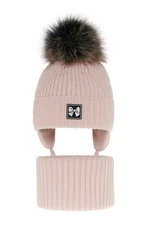 AGBO Girl's winter set: hat and tube scarf pink Kinia with pompom