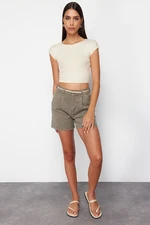 Trendyol Stone Crew Neck Moon Sleeve Crop Knitted Blouse