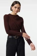 Trendyol Brown Body-fitting Stand-up Collar Draped Flexible Knitted Bodysuit